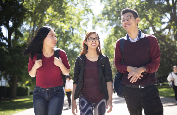 One man and two women walking on campus